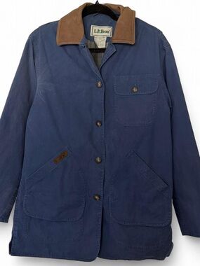 Vintage L.L.Bean navy blue barn chore jacket coat with brown collar size small